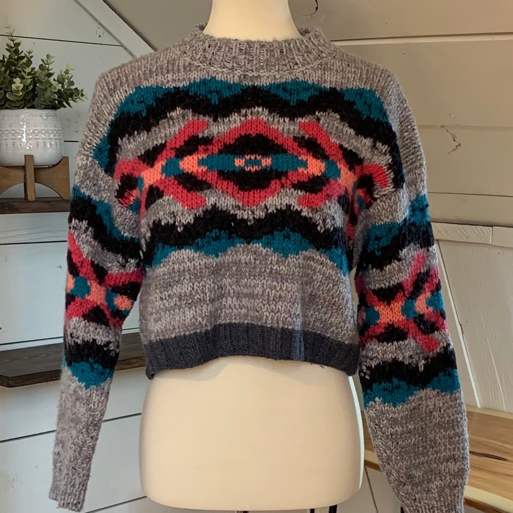 Free People Multicolor Gray Crewneck Sweater with Teal & Pink Accents - Picture 4 of 10
